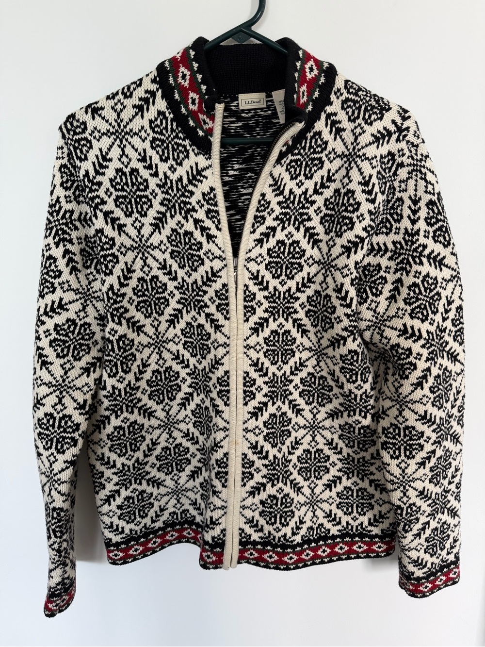 L.L.Bean Black & White Patterned Cotton Zip Cardigan with Red Trim